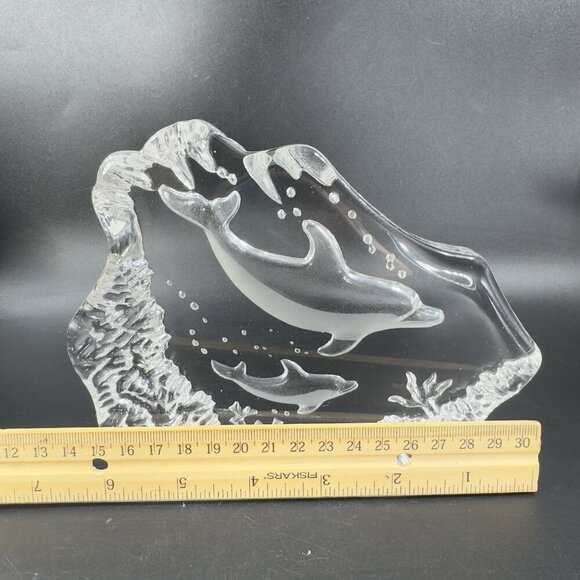 Vintage Clear Crystal Glass Plaque Paperweight Dolphins Figurine Decorative VTG - Picture 4 of 13